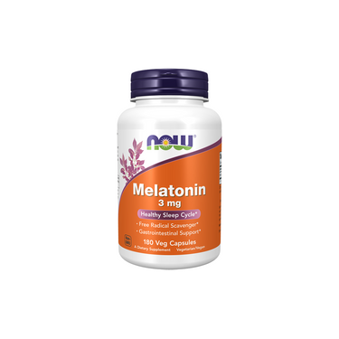 A bottle of Now Foods Melatonin 3 mg, 180 Veg Capsules, supports healthy sleep cycles, acts as a free radical scavenger, and supports gastrointestinal health. Contains melatonin—a natural sleep hormone.